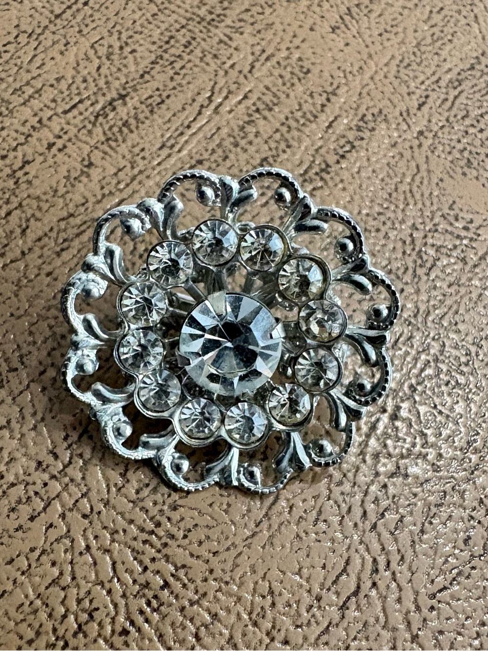 Vintage Rhinestone Filigree Brooch Silver Tone